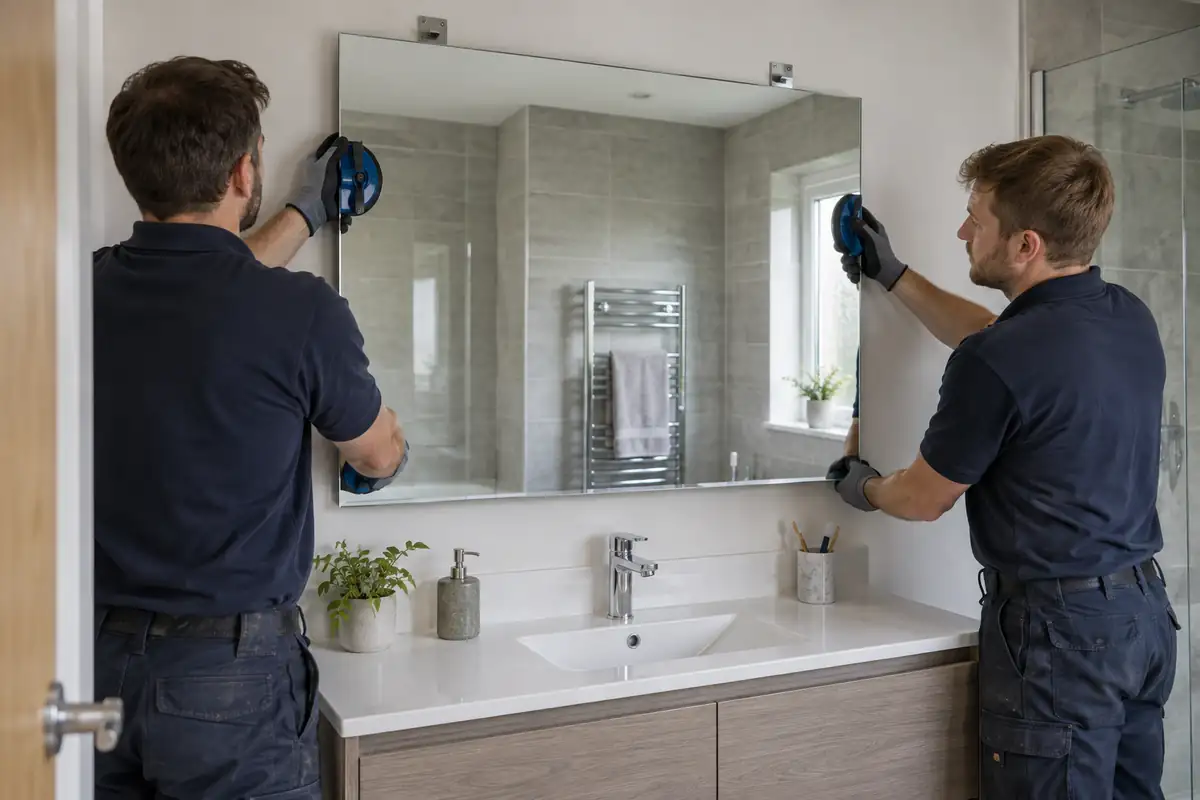 Glaziers installing a large wall mirror above a bathroom vanity
