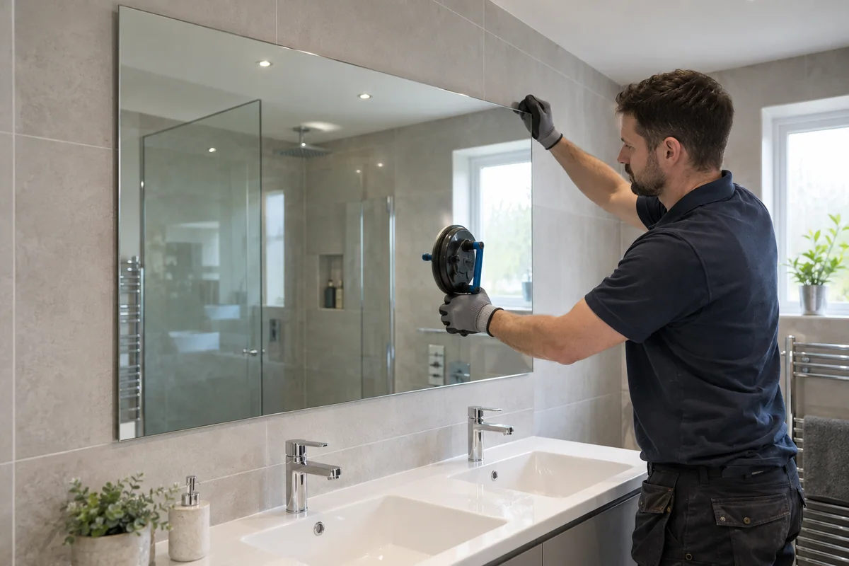 Glazier fitting a replacement wall mirror