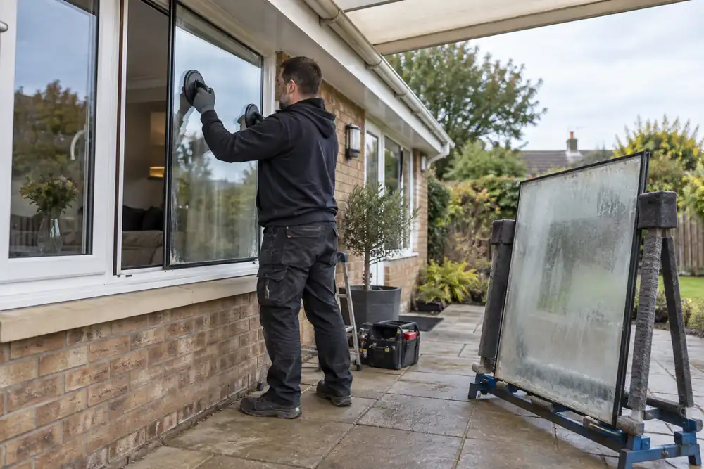 Glazier replacing a misted double glazed unit at a bungalow