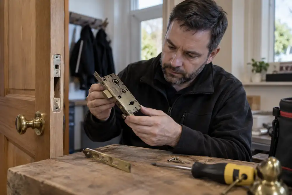 Technician inspecting mortice lock case removed from a timber door on a bench.