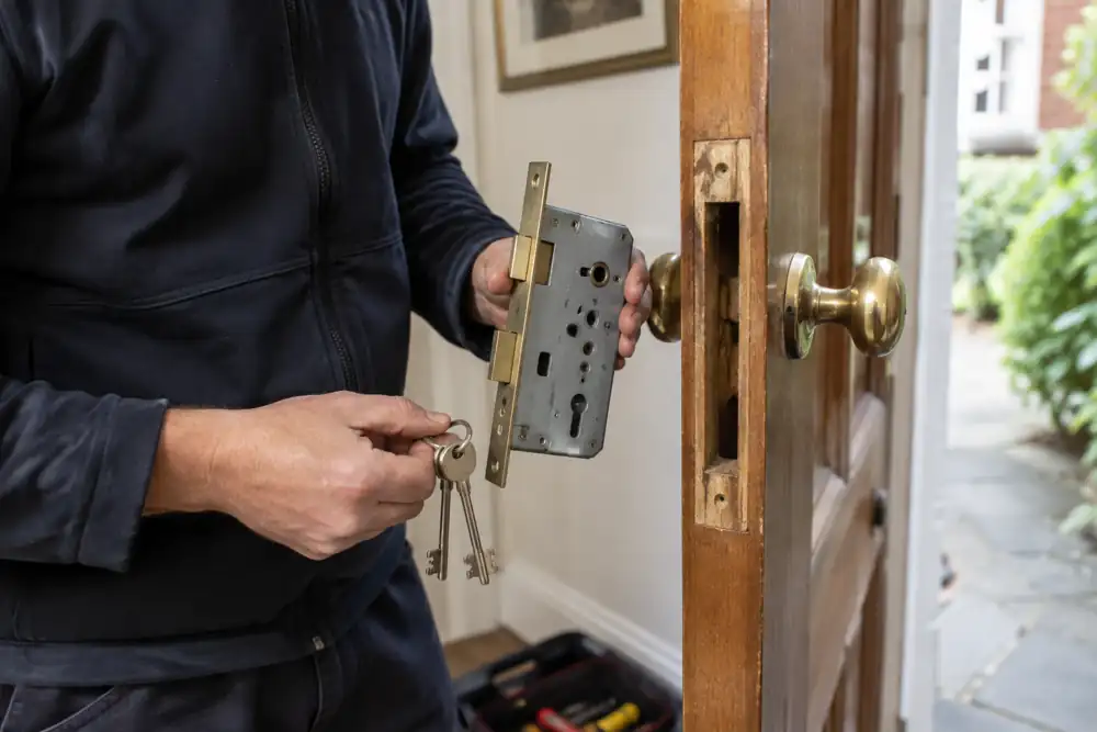 Rectangular mortice lock case and keys beside its recess in an open timber door.