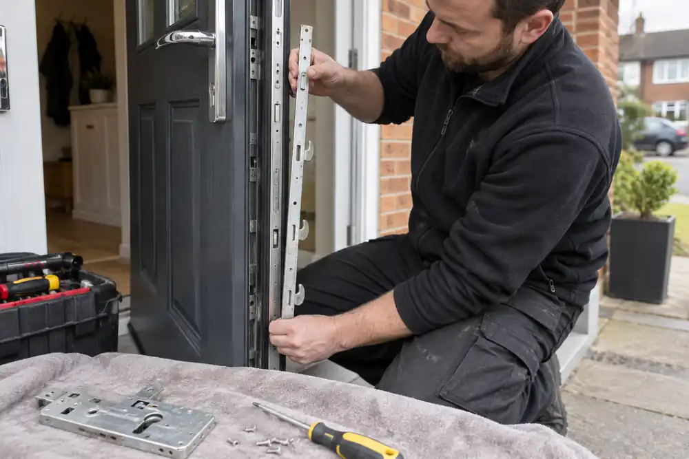 Locksmith replacing the multipoint lock strip on a front door