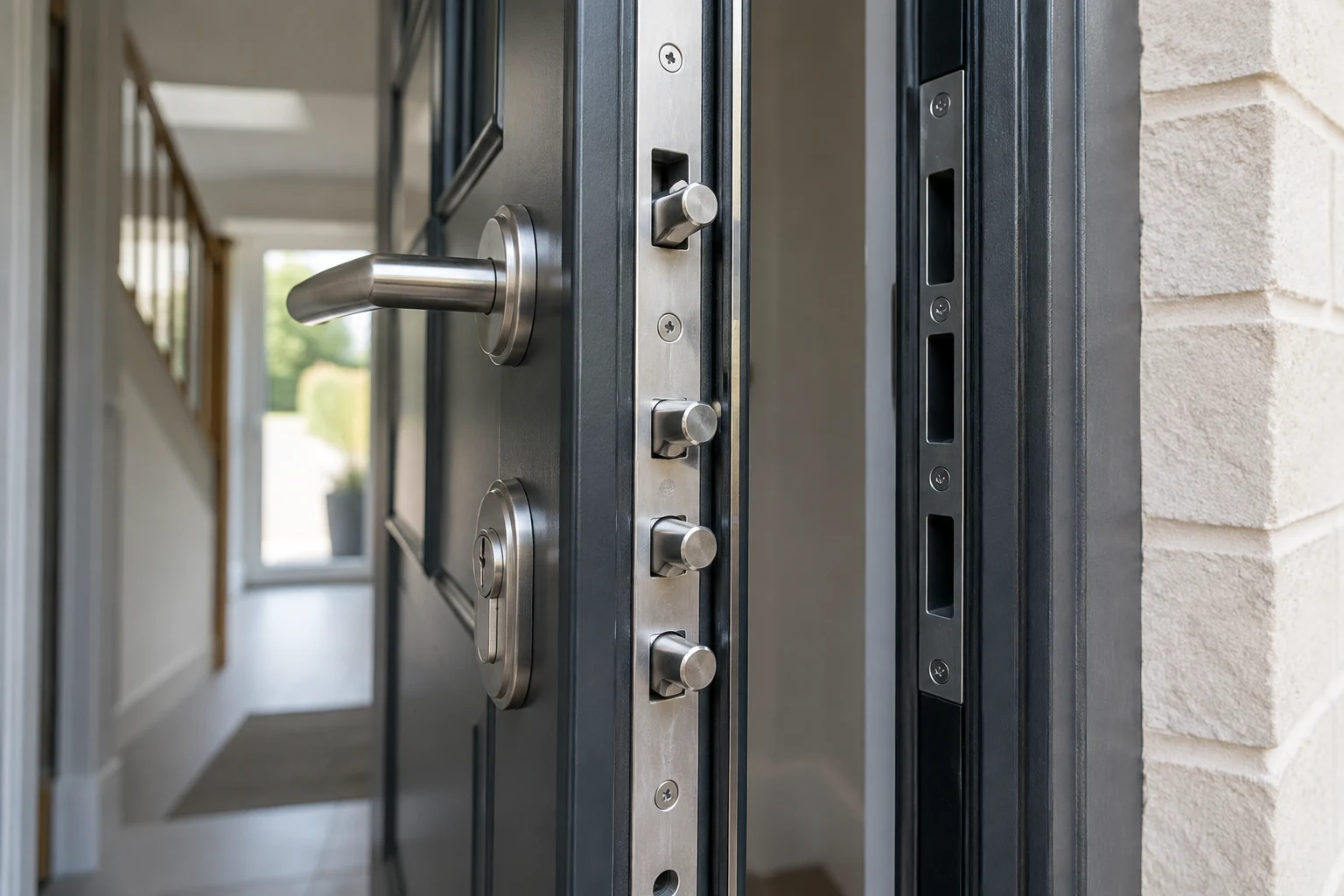 Multipoint locking hardware on a steel door edge