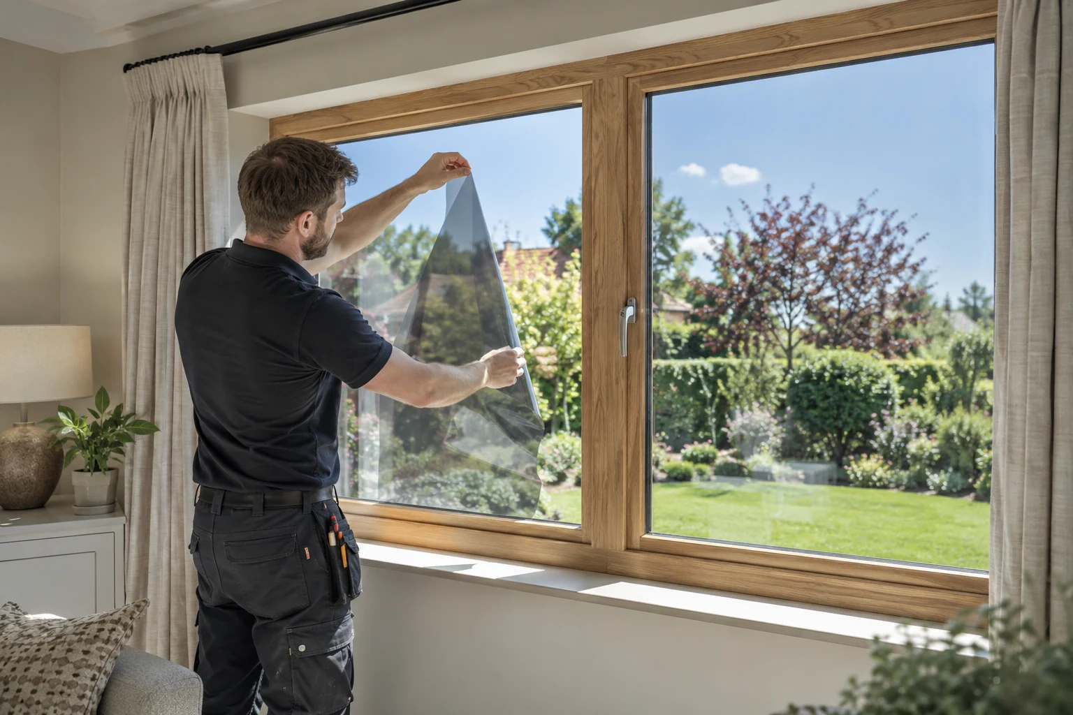 Installer fitting solar-control film to a residential window