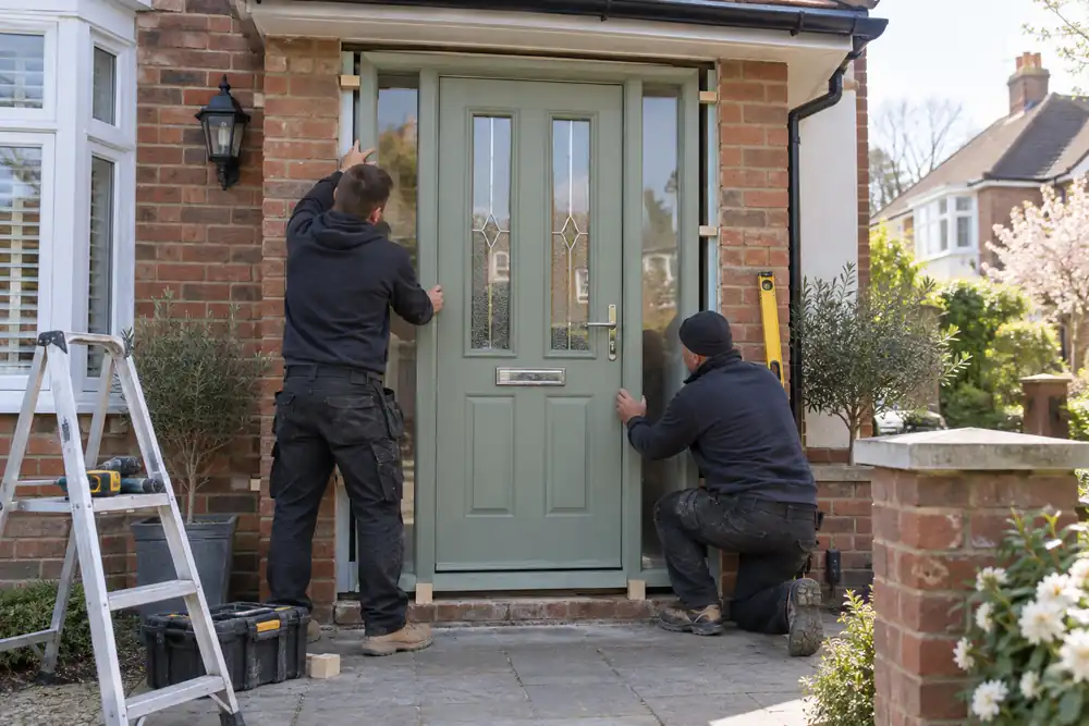 Fitters installing a new glazed front door and frame