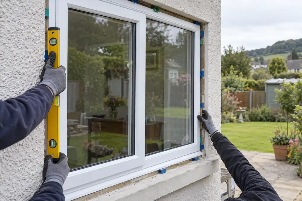 Installers aligning a new casement window in a rendered house