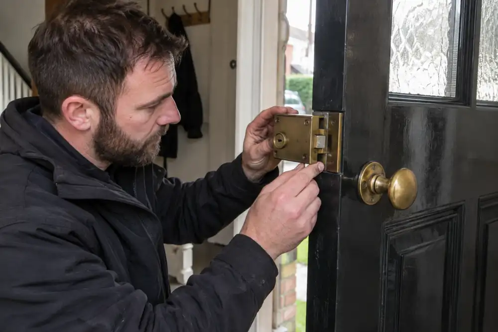 Locksmith inspecting surface mounted night latch cover on open door.