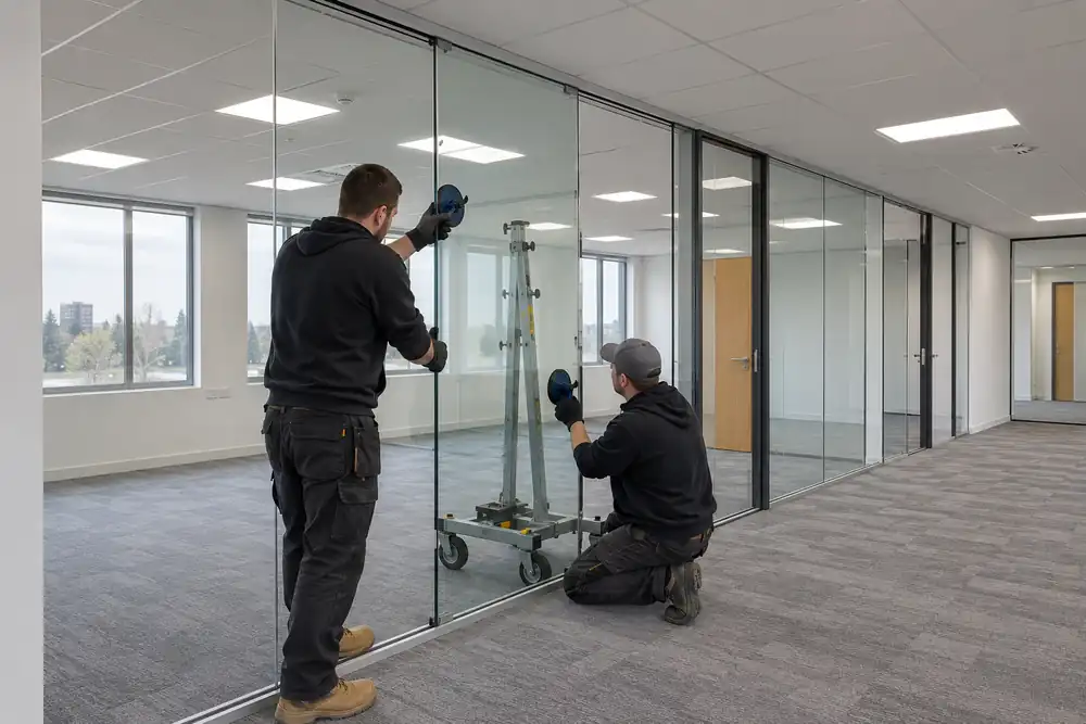 Installers aligning office glass partition panels