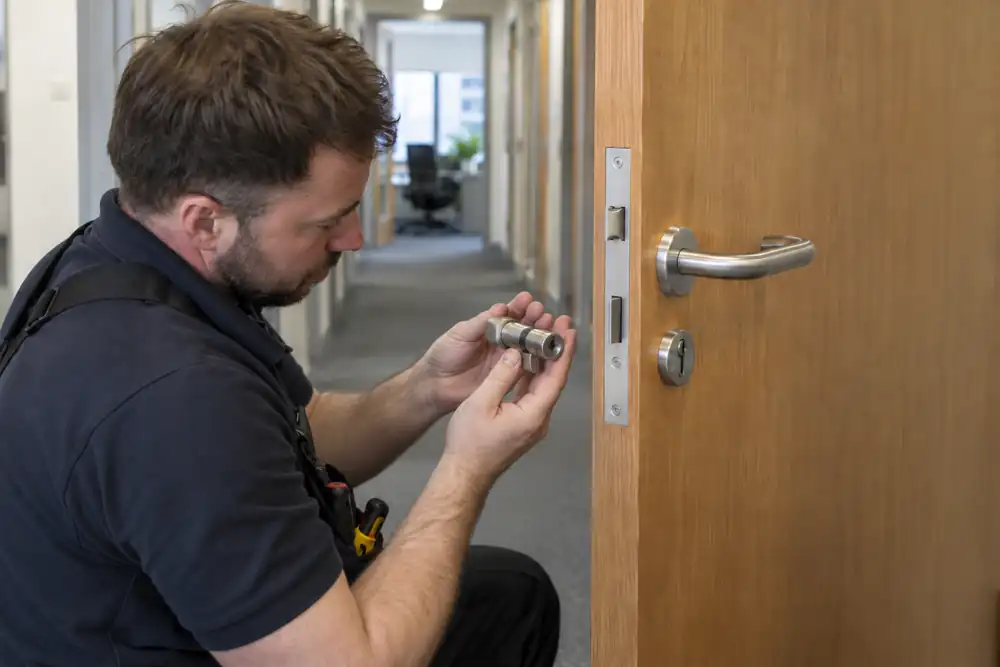 Locksmith fitting new cylinder to open office corridor door.