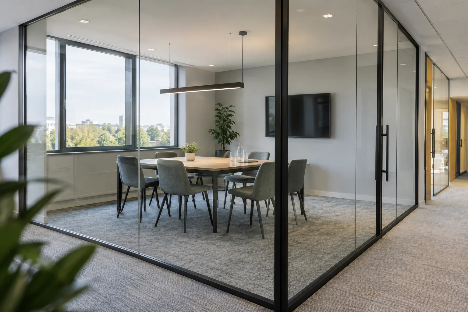 Office partition glazing with clear film