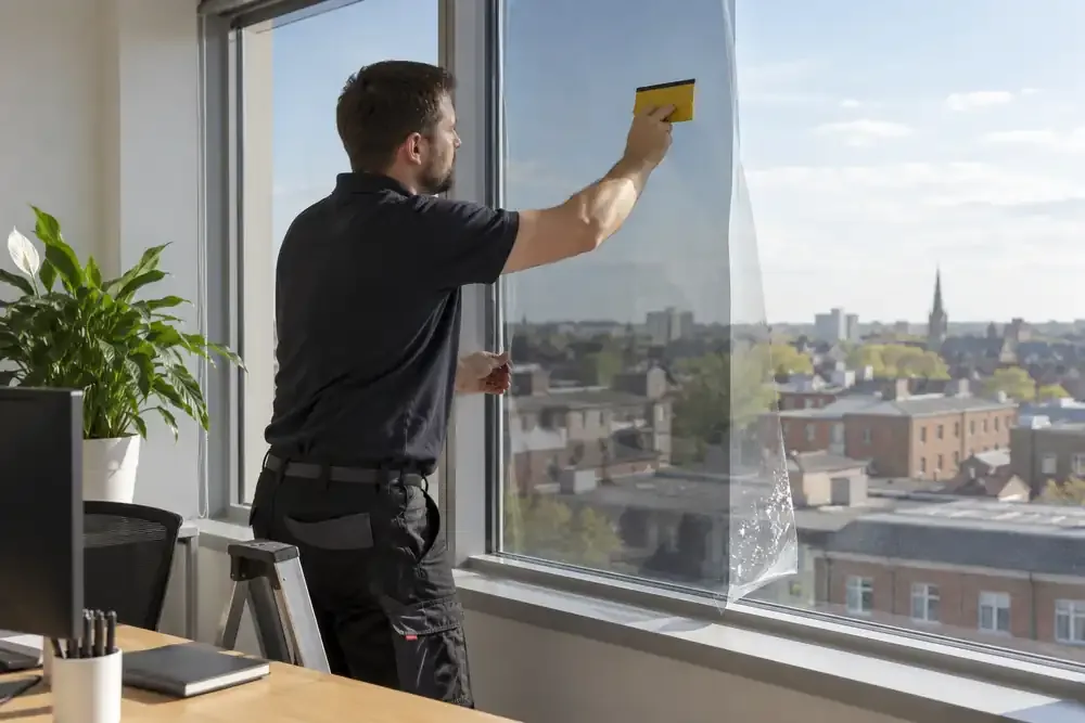 Installer applying film to a large window with a squeegee