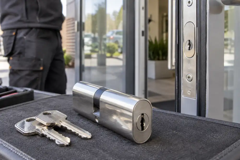 Oval-profile cylinder and keys beside an aluminium entrance.