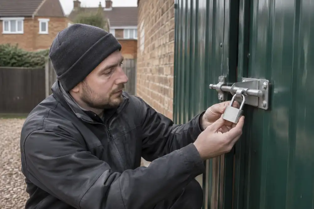 Professional presenting a weather resistant padlock at a secured storage gate.
