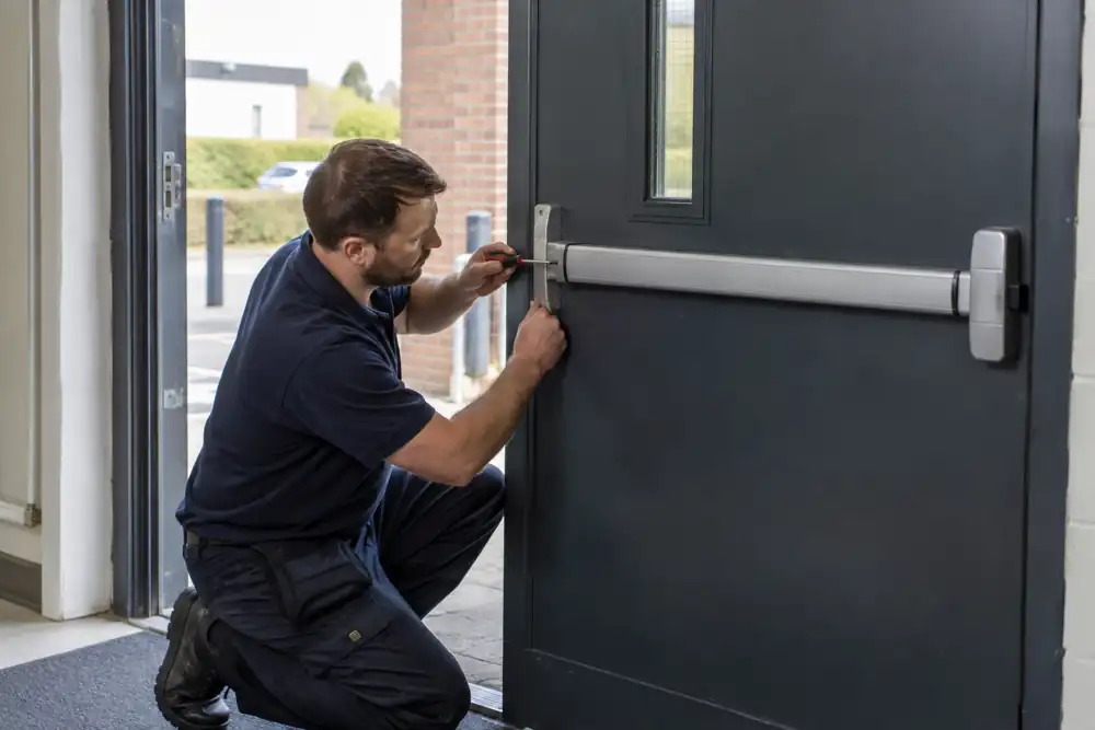 Technician checking horizontal panic bar inside commercial exit door.