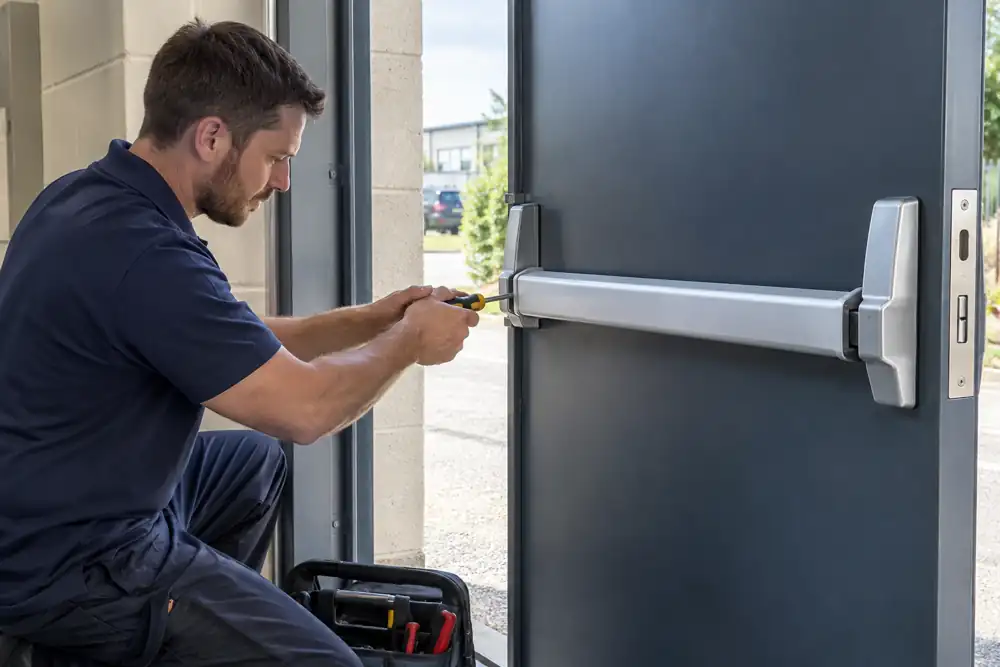 New horizontal panic exit bar beside open commercial escape door.