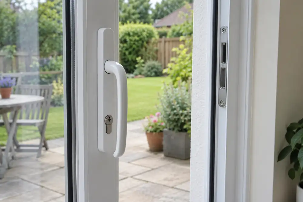 Sliding patio-door handle, lock and frame keep.