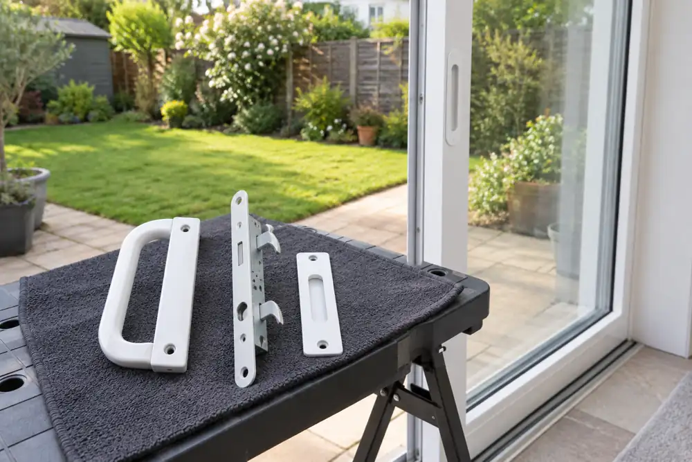 Replacement sliding patio-door handle and hook-lock hardware beside the door.
