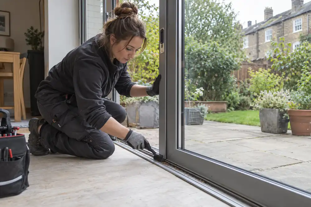 Technician repairing the track of a sliding patio door
