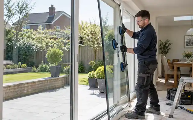 Glazier handling a patio-door glass panel with suction grips