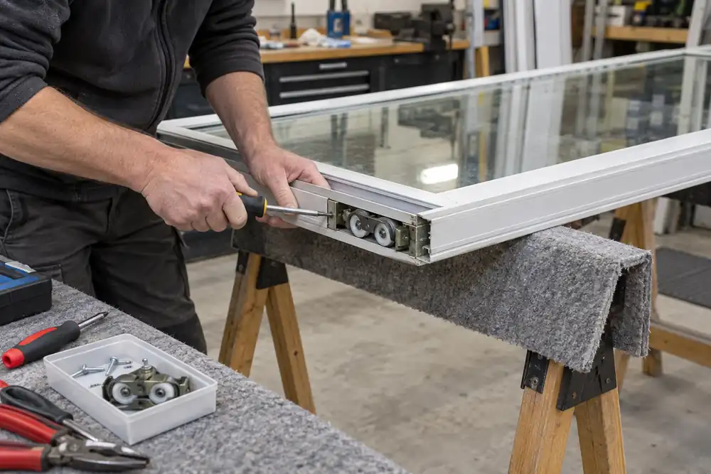 Technician replacing rollers in a supported sliding patio door leaf