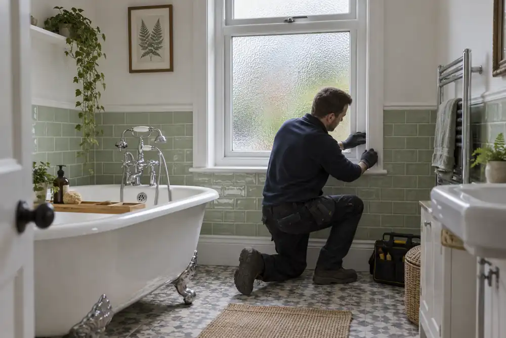 Tradesperson checking newly fitted privacy glass in a bathroom window