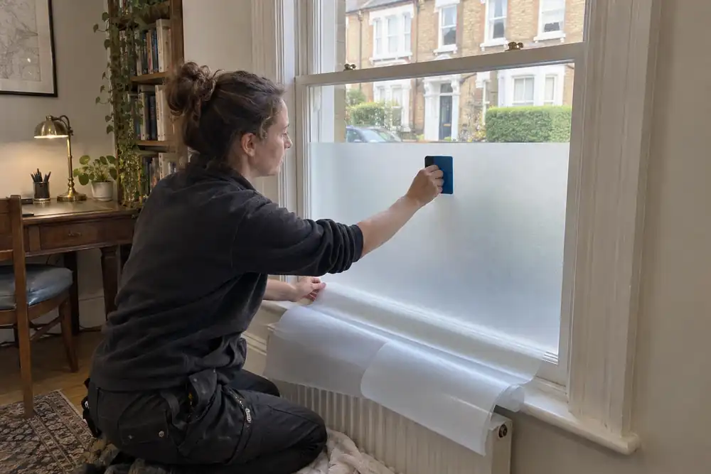 Installer applying privacy film to a street-facing window