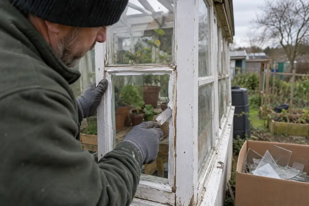 Glazier reglazing a timber window with a replacement pane