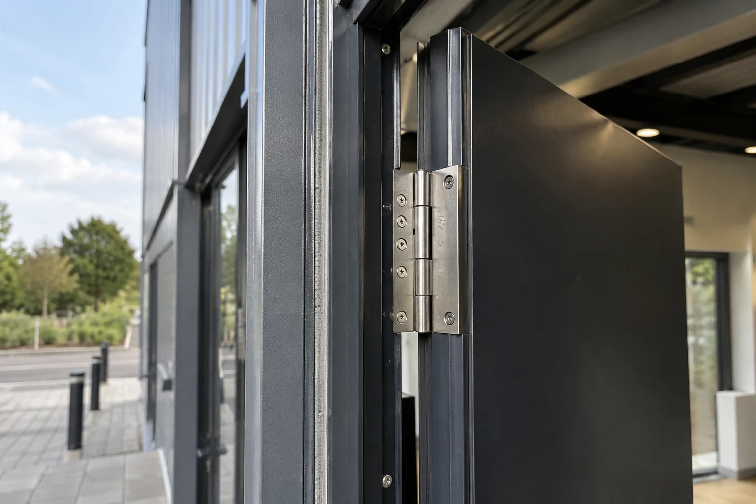 Steel security-door frame and hinge detail
