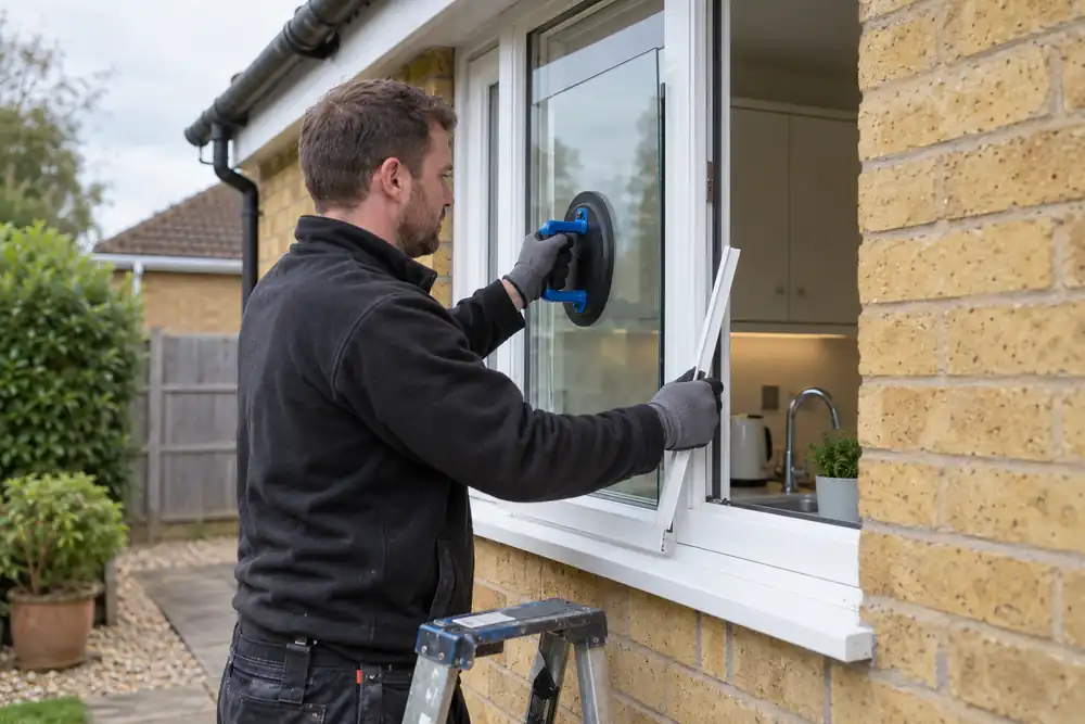 Technician repairing a broken kitchen window with new glass