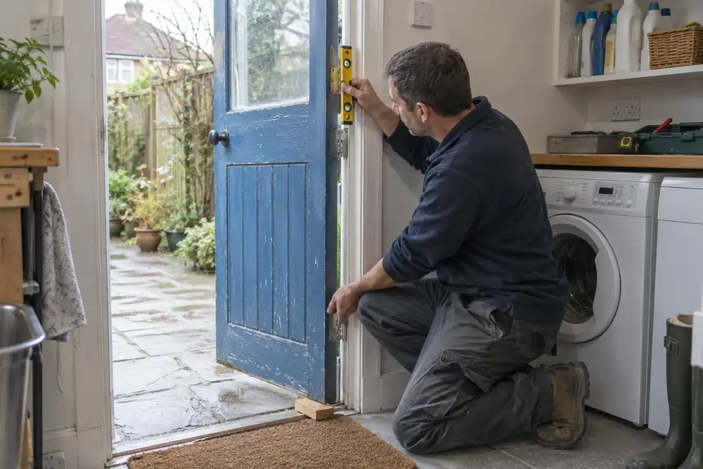Tradesman checking hinge alignment on a supported timber back door