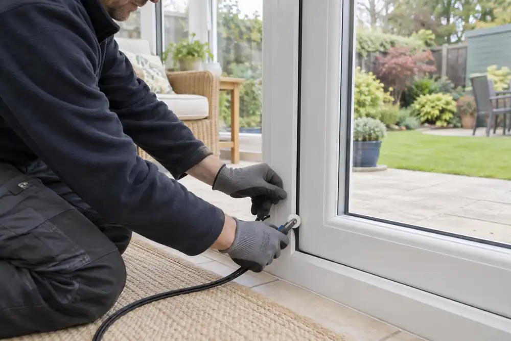 Glazier repairing the glazing gasket on a double glazed garden door