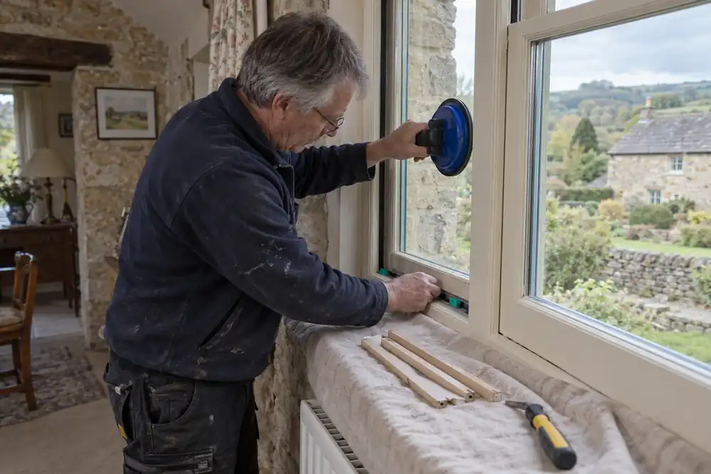 Glazier adjusting packers beneath a double glazed timber window