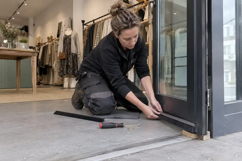 Tradesperson replacing a weather strip on a glazed shop door