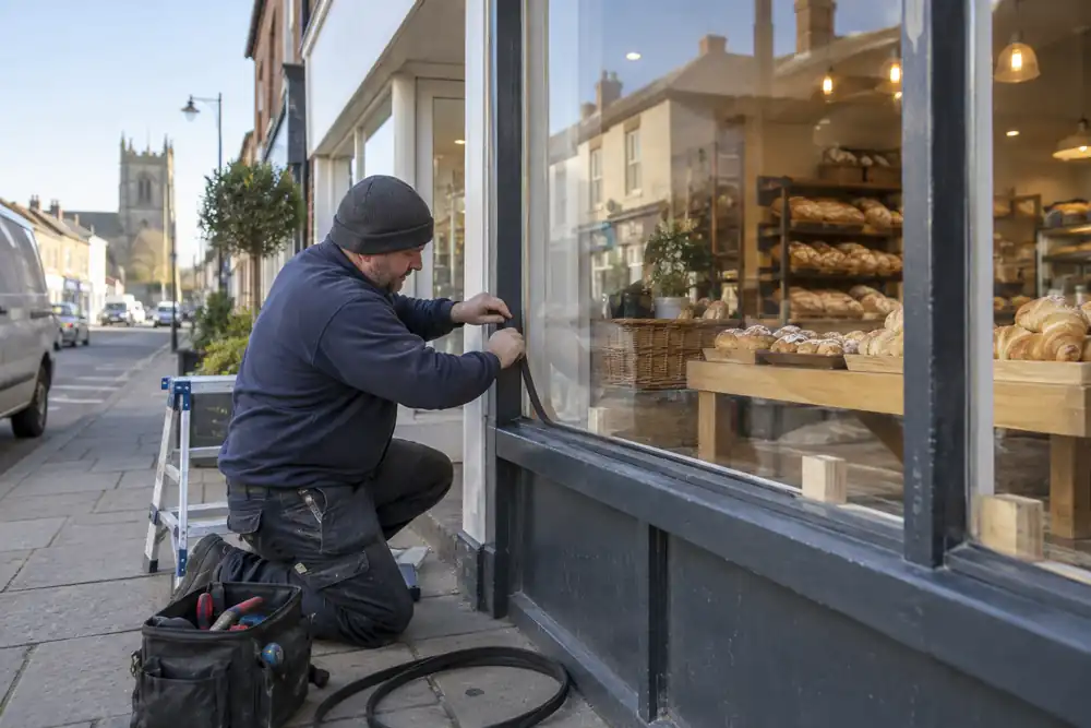 Glazier repairing a gasket around a shop display window