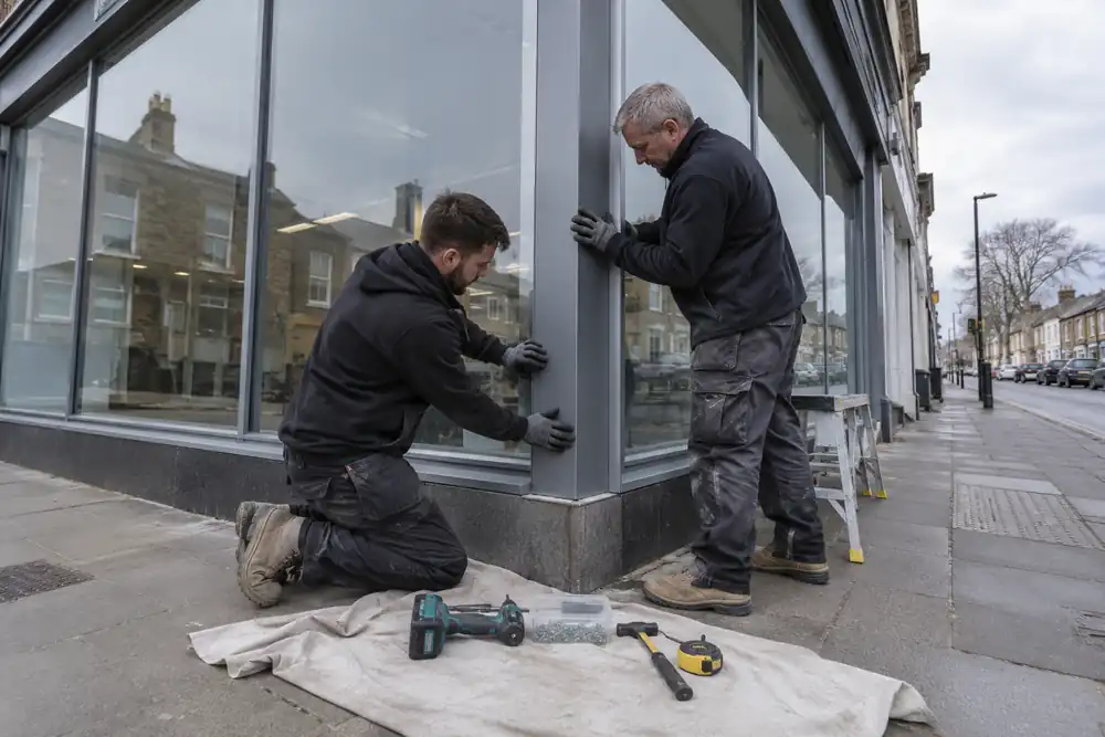 Tradespeople repairing the aluminium frame of a glazed shopfront
