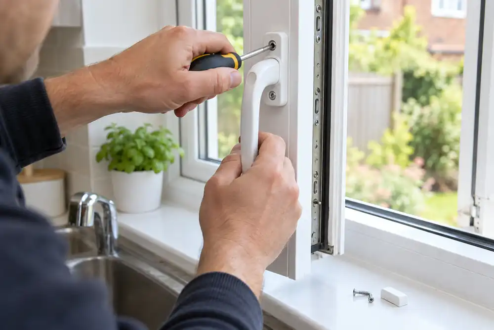 Technician repairing a loose white casement window handle