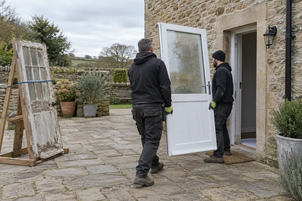 Fitters bringing a replacement back door to a cottage