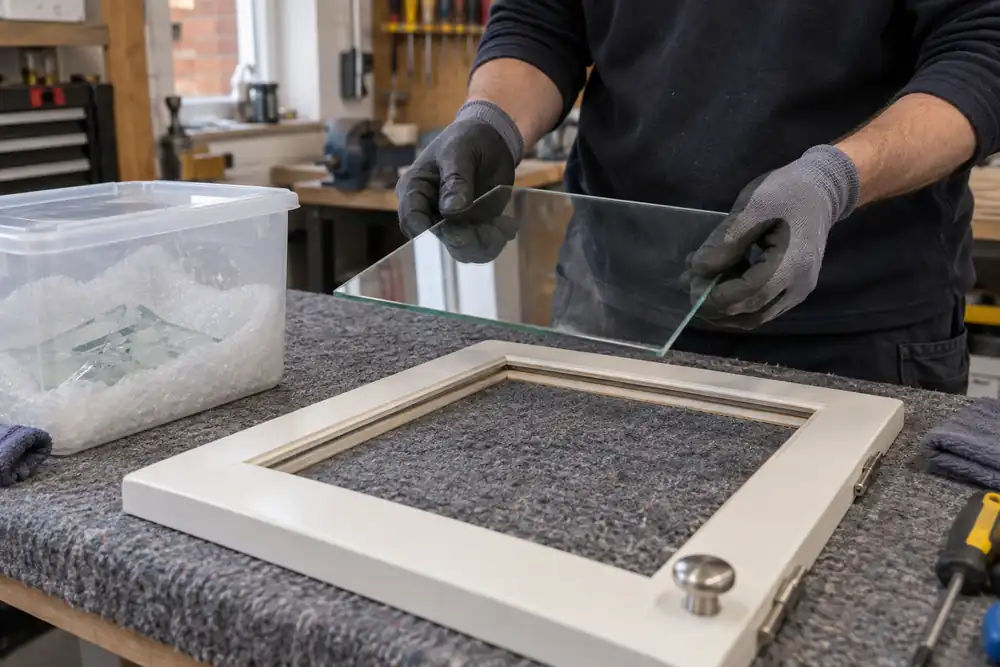 Technician preparing fresh glass for a damaged cabinet door