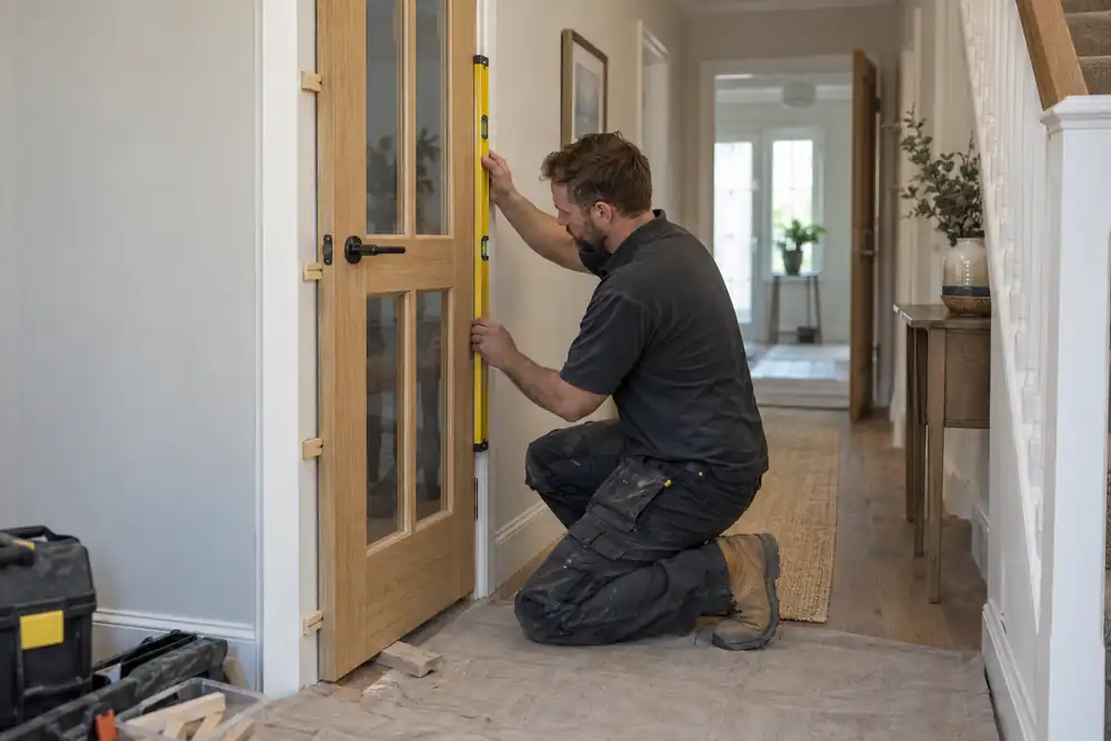 Carpenter aligning a replacement oak glazed interior door