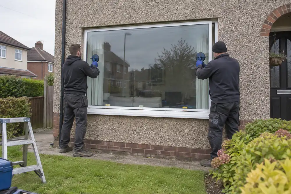 Glaziers replacing a sealed double glazed living-room window unit