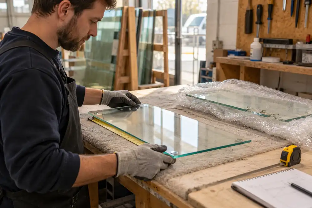 Workshop assistant checking a replacement glass shelf