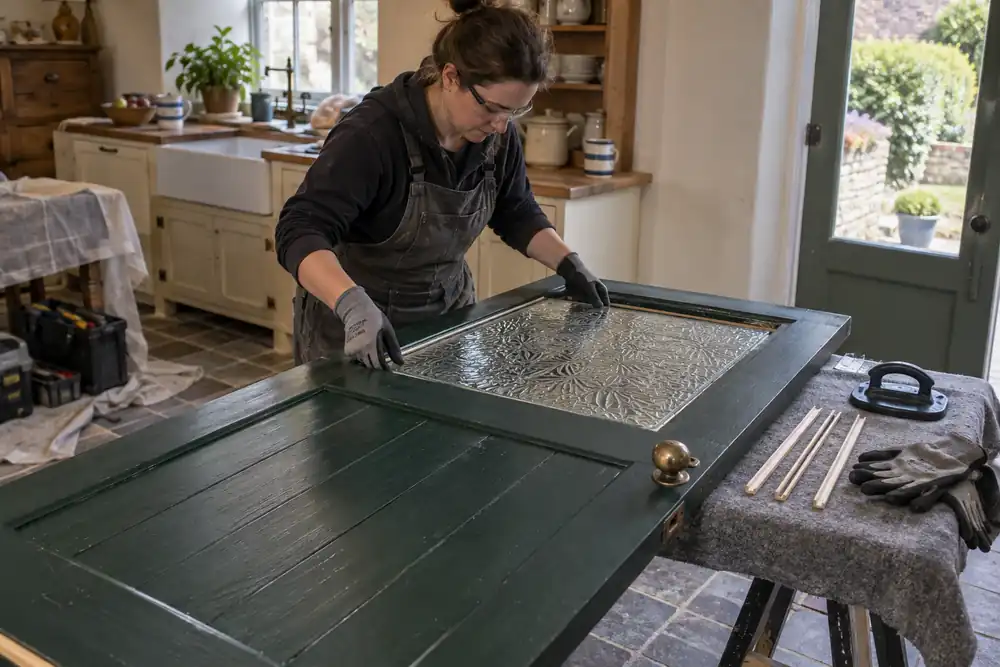 Glazier replacing patterned glass in a supported timber back door