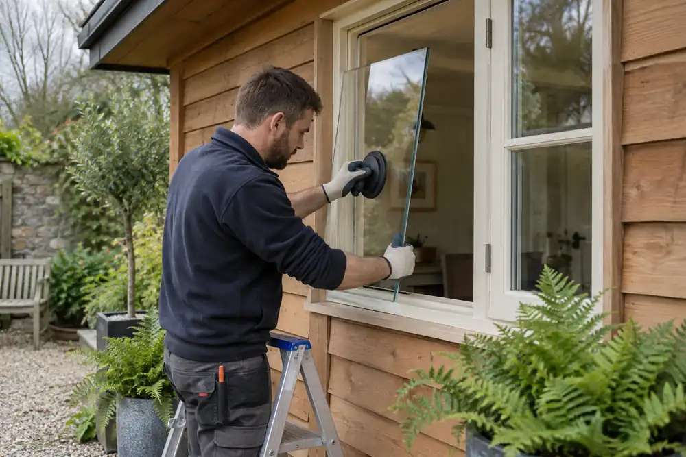 Glazier replacing a pane in a garden studio window