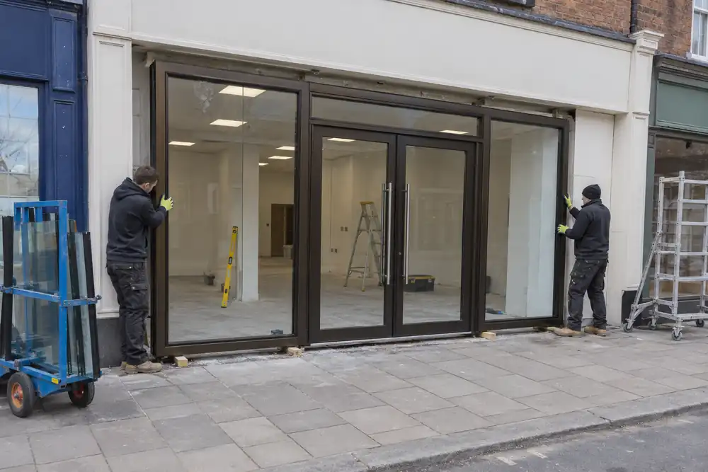 Installers replacing the glazed entrance frame of a retail shopfront