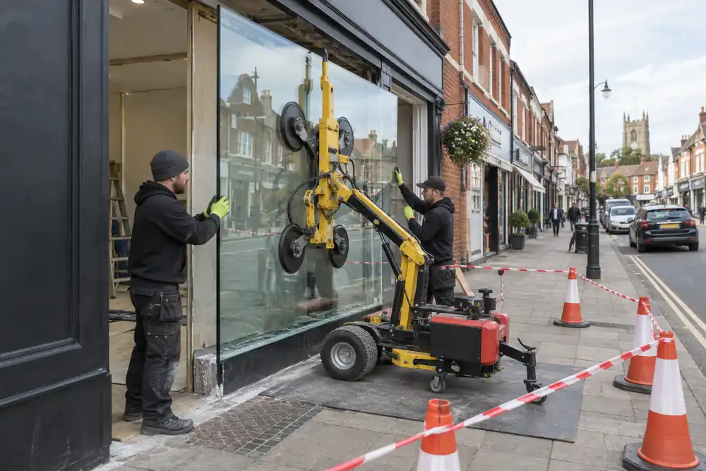 Glaziers using a glazing robot to replace a shopfront pane