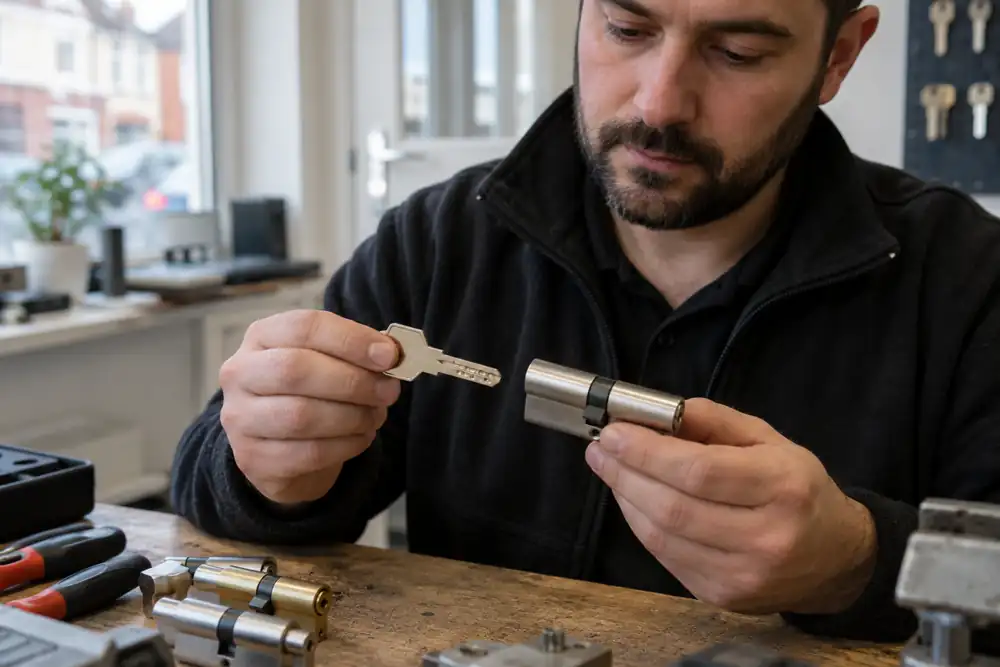 Controlled profile key and cylinder displayed by locksmith on clean desk, no brand logo.