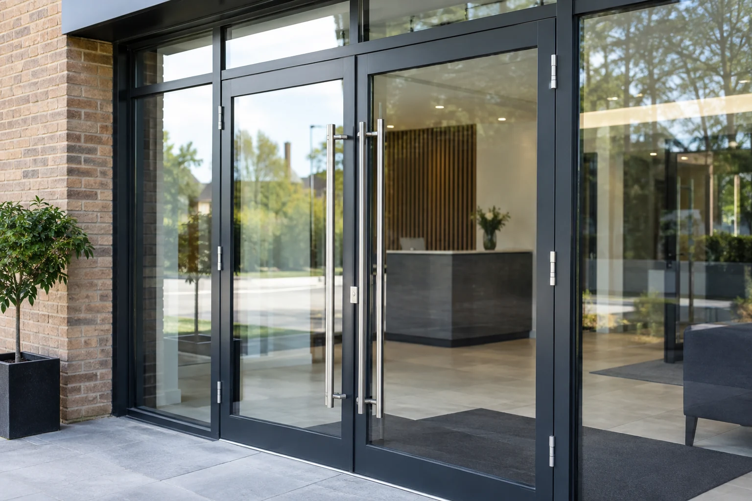 Commercial glazed entrance with clear protective film