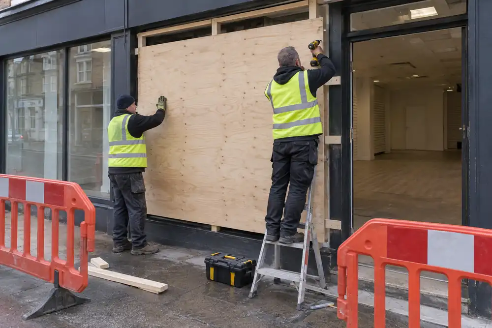 Tradespeople securing a shopfront with temporary plywood boarding