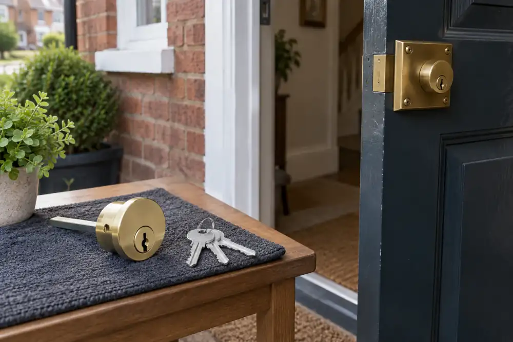 Replacement rim cylinder and keys beside a timber entrance.