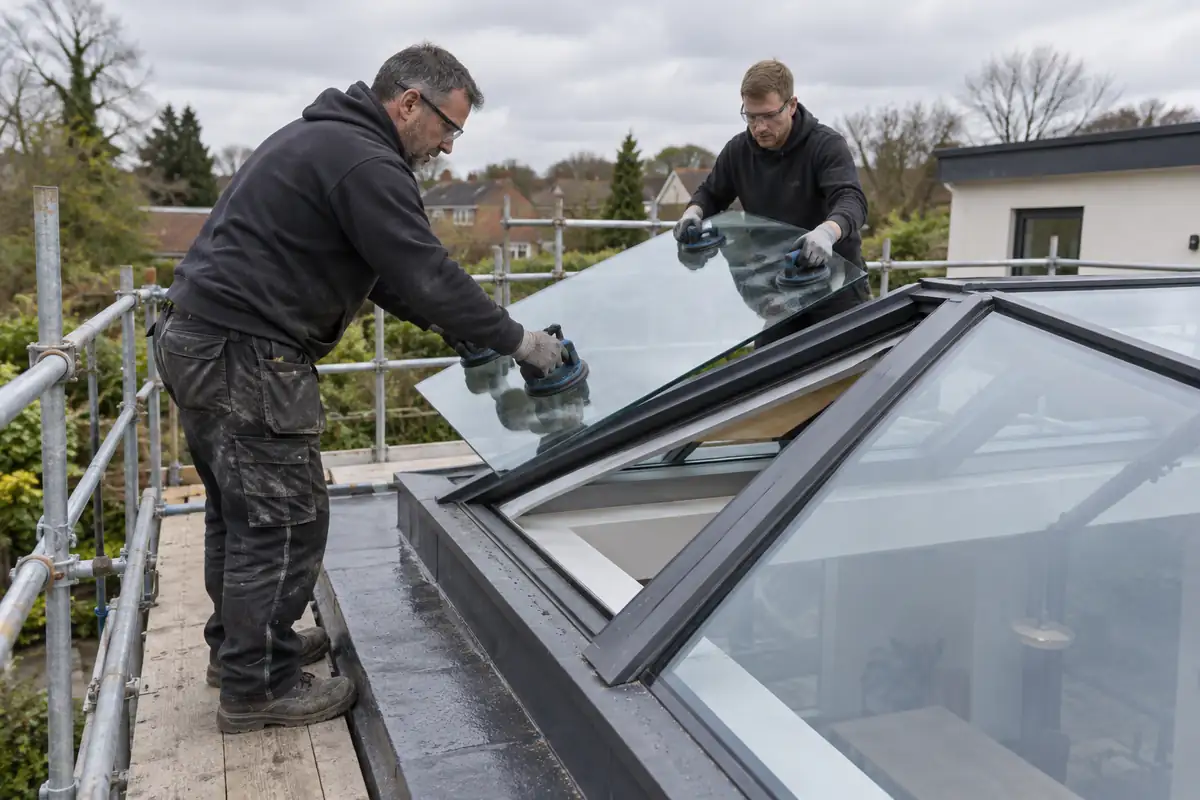 Glaziers replacing a roof-lantern glass panel from a scaffold platform
